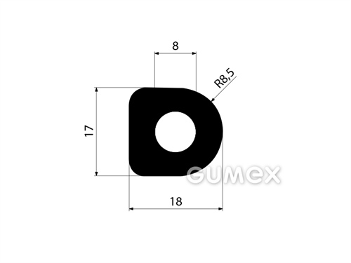 Gumový profil tvaru "D" s dutinkou, 17x18/R8,5mm, 70°ShA, NBR, -40°C/+70°C, čierny